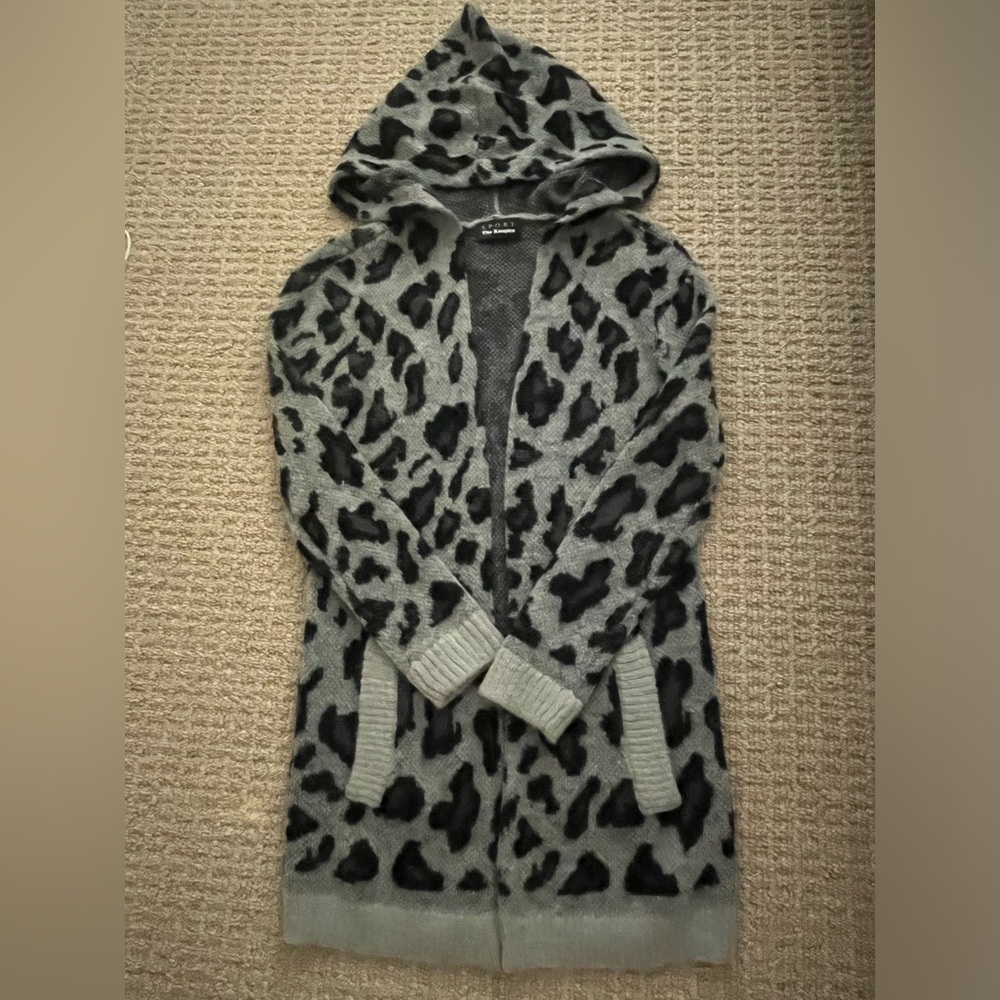 Kooples Gray Leopard Print Hooded Cardigan